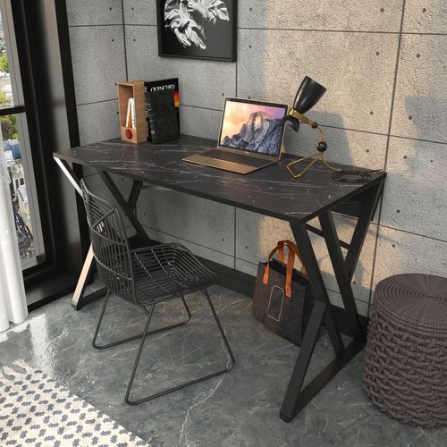 Bureau - Table De Bureau - Travavil Avec Le Pieds Et Cadre En Métal (noir Et Effet Marbre Noir)