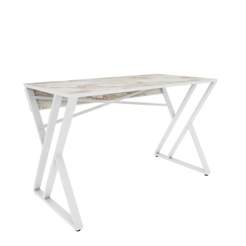 Bureau, Table De Bureau, Travavil Avec Le Pieds Et Cadre En Métal (blanc Et Effet Marbre Blanc)