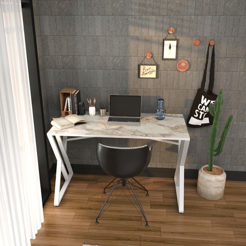 Bureau, Table De Bureau, Travavil Avec Le Pieds Et Cadre En Métal (blanc Et Effet Marbre Blanc)