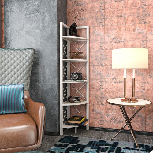 Bibliothèque D'angle Rémo Cadre En Métal 5-étagères (effet Marbre Blanc Et Blanc)