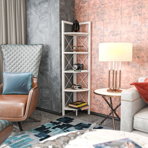 Bibliothèque D'angle Rémo Cadre En Métal 5-étagères (effet Marbre Blanc Et Blanc)