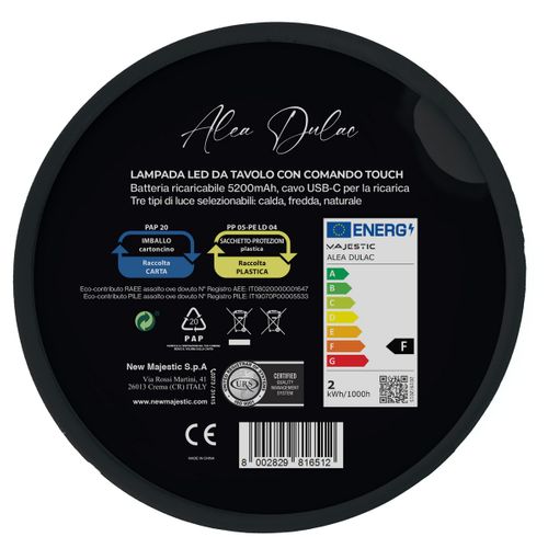 Lampe à Poser Rechargeable Alea Dulac, Métal, Noir, 12x12x37 Cm