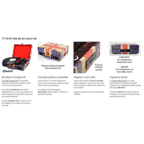 Platine Vinyle Retrò, Plastique, Bleu, 35x12x28 Cm