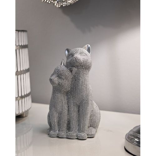Sculpture Chats 1, Polyrésine, Argent, 13x10x21 Cm