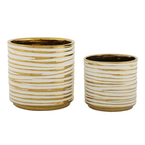 Lot De 2 Pots Décoratifs Mf385, Céramique, Or, 23x23x22 Cm