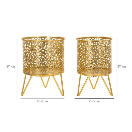 Lot De 2 Cache Pots Mf415, Métal, Or, 16x16x20 Cm