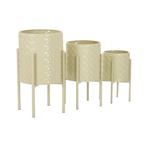Lot De 3 Cache Pots Mf427, Métal, Beige, 36x36x56,5 Cm