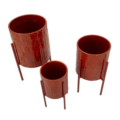 Lot De 3 Cache Pots Mf426, Métal, Rouge, 36x36x56,5 Cm