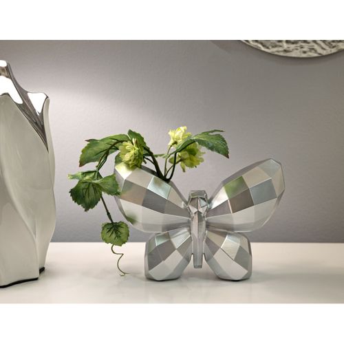Vase Décoratif Papillon, Polyrésine, Argent, 15x22,5x8 Cm