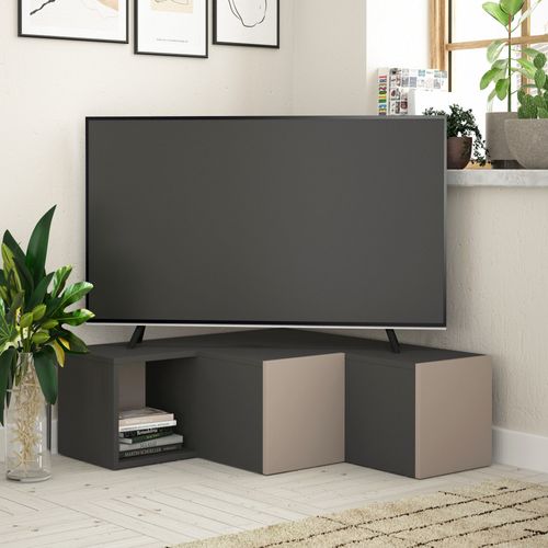 Meuble TV Design Cubique 2 Tiroirs Stairz Gris Foncé Et Taupe