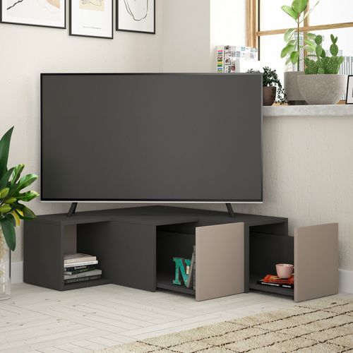 Meuble TV Design Cubique 2 Tiroirs Stairz Gris Foncé Et Taupe