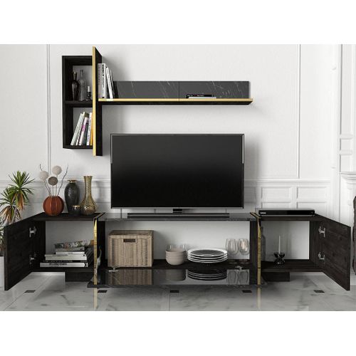 Ensemble TV Avec 3 Portes - Effet Marbre Noir Et Doré - Cadeba