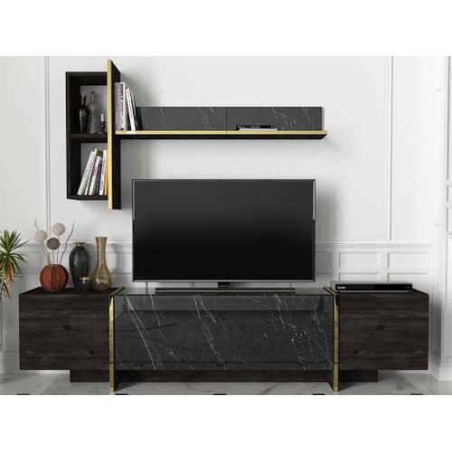 Ensemble TV Avec 3 Portes - Effet Marbre Noir Et Doré - Cadeba