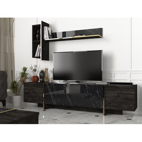 Ensemble TV Avec 3 Portes - Effet Marbre Noir Et Doré - Cadeba