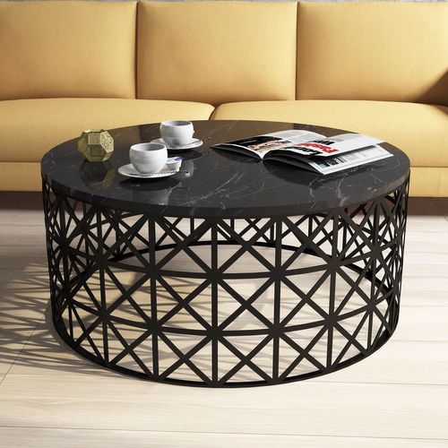 Table Basse Ovale Ellipticum Support Grille Ajouré Bois Marbre Noir Et Métal Noir