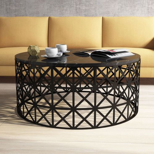 Table Basse Ovale Ellipticum Support Grille Ajouré Bois Marbre Noir Et Métal Noir