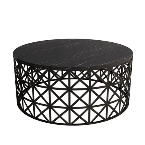 Table Basse Ovale Ellipticum Support Grille Ajouré Bois Marbre Noir Et Métal Noir