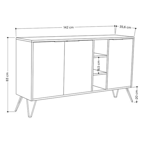Buffet Bas 3 Portes Et 3 Étagères Ginda 142cm Bois Moka Et Anthracite Et Métal Noir