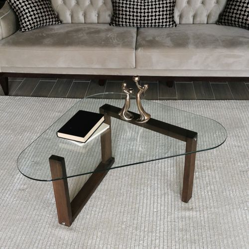 Table Basse Moderne Ortina L96cm Bois Massif Foncé Et Verre Transparent