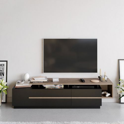 Meuble TV Design Bicolore 180cm Sissoko Noir Et Bois Foncé