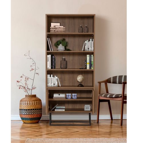 Bibliothèque Stela H182cm Métal Noir Et Bois Naturel