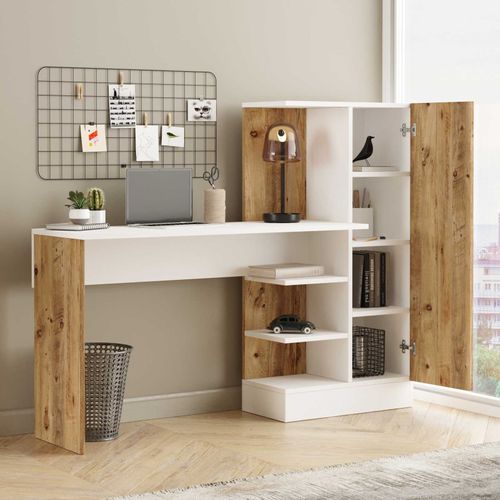 Bureau Avec Armoire De Rangements - Coloris : Naturel Et Blanc - Milaria