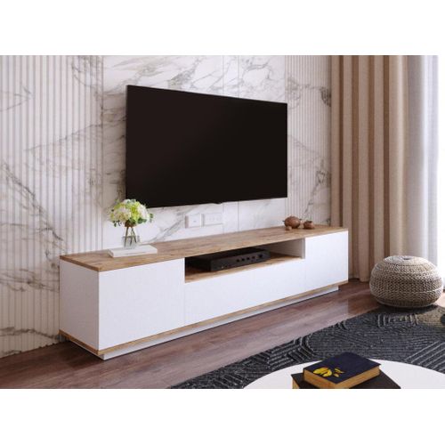 Meuble TV Avec 3 Portes Et 1 Niche - Blanc Et Naturel - Lotula