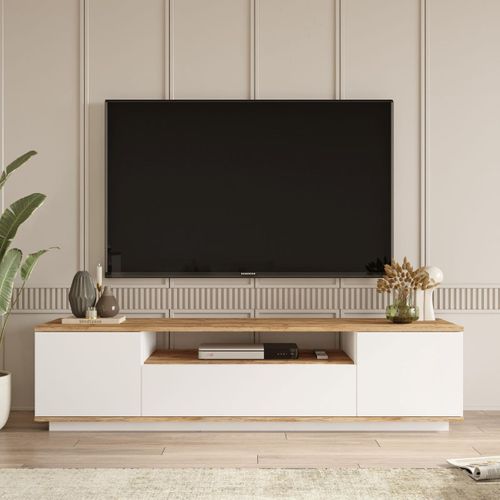 Meuble TV Avec 3 Portes Et 1 Niche - Blanc Et Naturel - Lotula