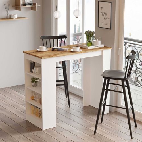 Table De Bar 4 Étagères Fergus L120xh101cm Bois Blanc Et Chêne Clair
