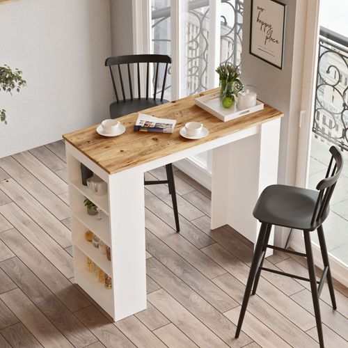Table De Bar 4 Étagères Fergus L120xh101cm Bois Blanc Et Chêne Clair