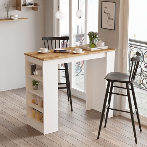 Table De Bar 4 Étagères Fergus L120xh101cm Bois Blanc Et Chêne Clair