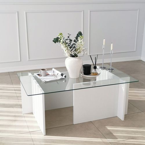 Table Basse Melar 105x65cm Bois Blanc Et Verre Transparent