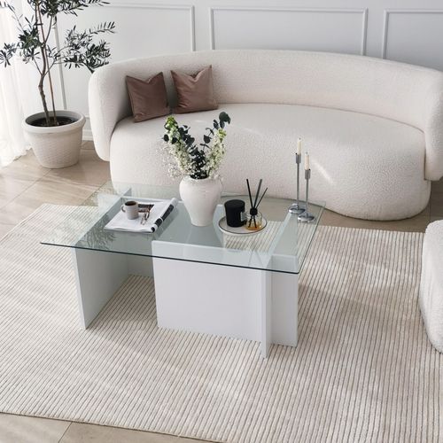 Table Basse Melar 105x65cm Bois Blanc Et Verre Transparent
