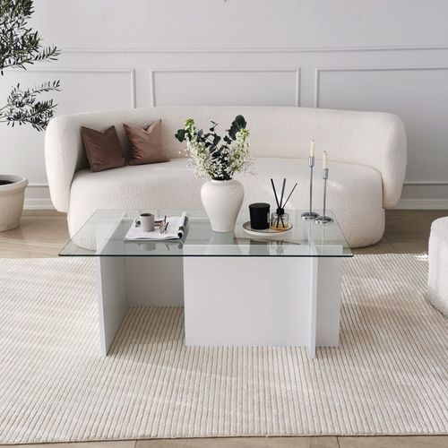 Table Basse Melar 105x65cm Bois Blanc Et Verre Transparent