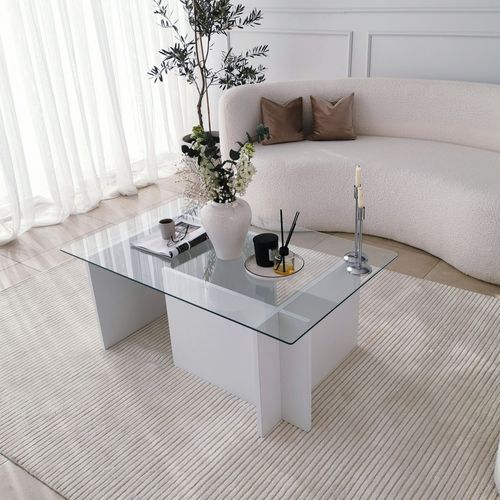 Table Basse Melar 105x65cm Bois Blanc Et Verre Transparent