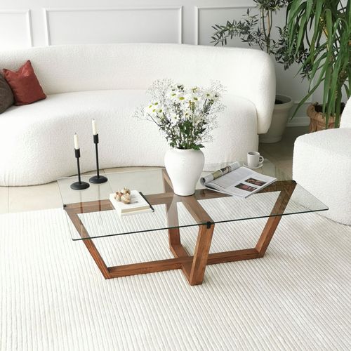 Table Basse Moderne Dinter L105cm Bois Massif Foncé Et Verre Transparent