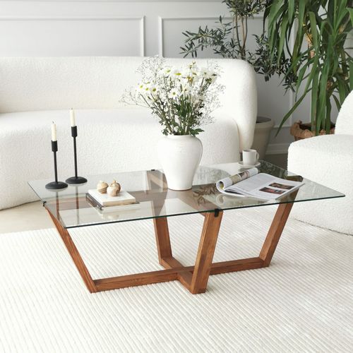 Table Basse Moderne Dinter L105cm Bois Massif Foncé Et Verre Transparent