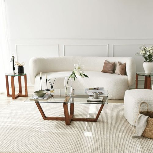 Table Basse Moderne Dinter L105cm Bois Massif Foncé Et Verre Transparent