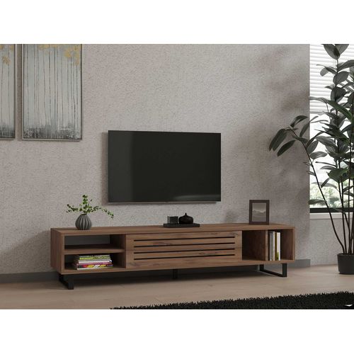 Meuble TV 1 Portes Et 4 Compartiment Leslie 160cm Métal Noir Et Bois Naturel
