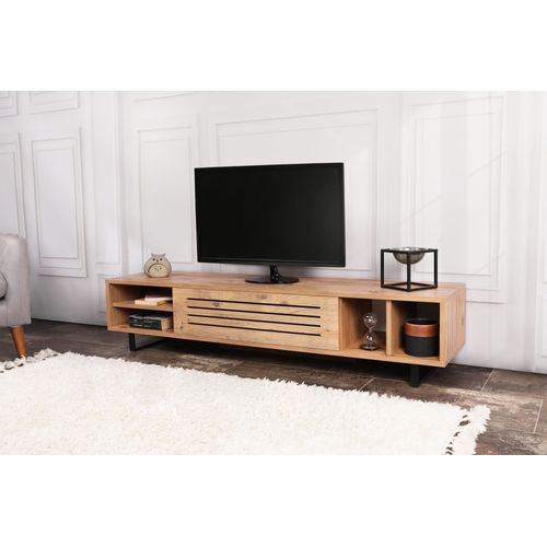 Meuble TV 1 Portes Et 4 Compartiment Leslie 160cm Métal Noir Et Bois Naturel
