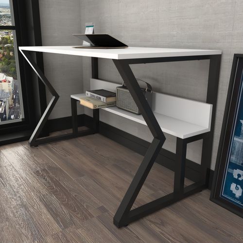 Bureau Avec Cadre En Métal Et Étagère - Noir Et Blanc