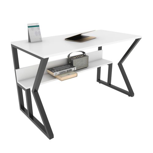 Bureau Avec Cadre En Métal Et Étagère - Noir Et Blanc