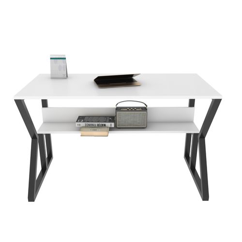 Bureau Avec Cadre En Métal Et Étagère - Noir Et Blanc