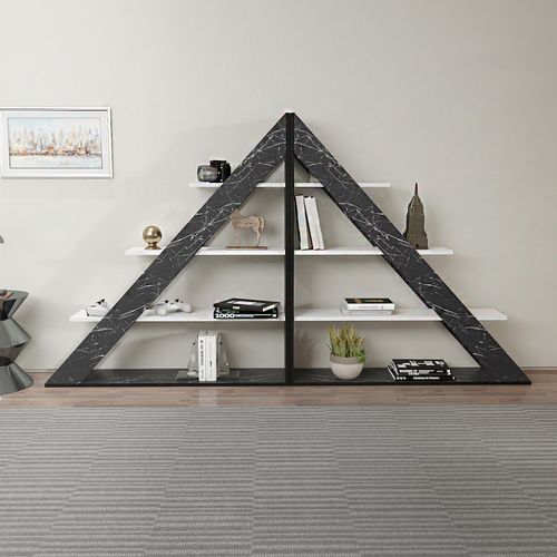 Pisagor Bibliothèque D'angle, Rangement Et Étagère 3 Niveaux (effet Marbre Noir Et Blanc)