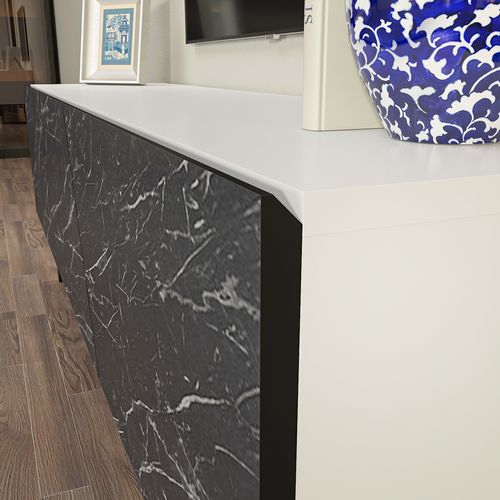 Parla Meuble TV 150 Cm Armoires Et Pieds Métalliques (blanc Et Effet Marbre Noir)