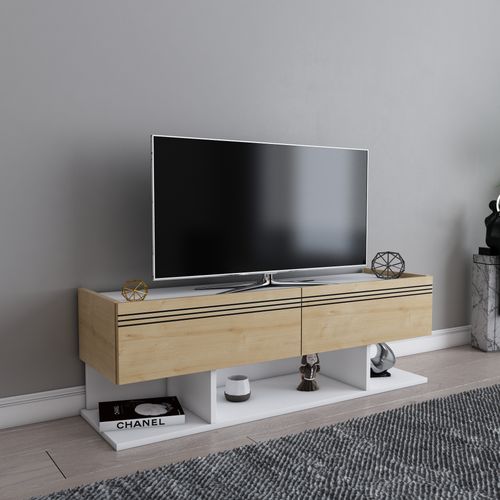 Meuble TV Kase De 120 Cm - Armoires Abattants (blanc Et Chêne)