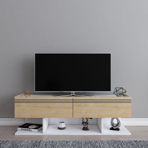 Meuble TV Kase De 120 Cm - Armoires Abattants (blanc Et Chêne)