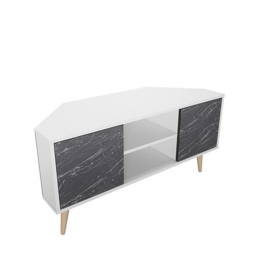 Meuble TV D'angle Lesson 120 Cm 2 Armoires Et Étagères Ouvertes (blanc Et Effet Marbre Noir)