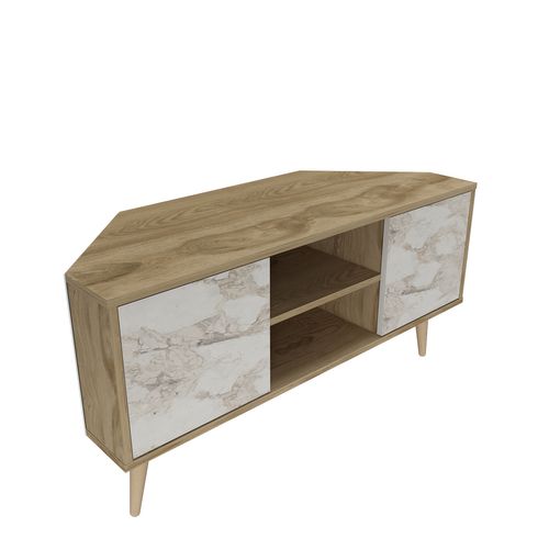 Meuble TV D'angle Lesson 120 Cm 2 Armoires Et Étagères Ouvertes (oud Et Effet Marbre Blanc)