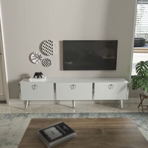 Meuble TV Milagro 180 Cm Armoires Abattants Design Chic à 5 Pieds (blanc Et Argent)
